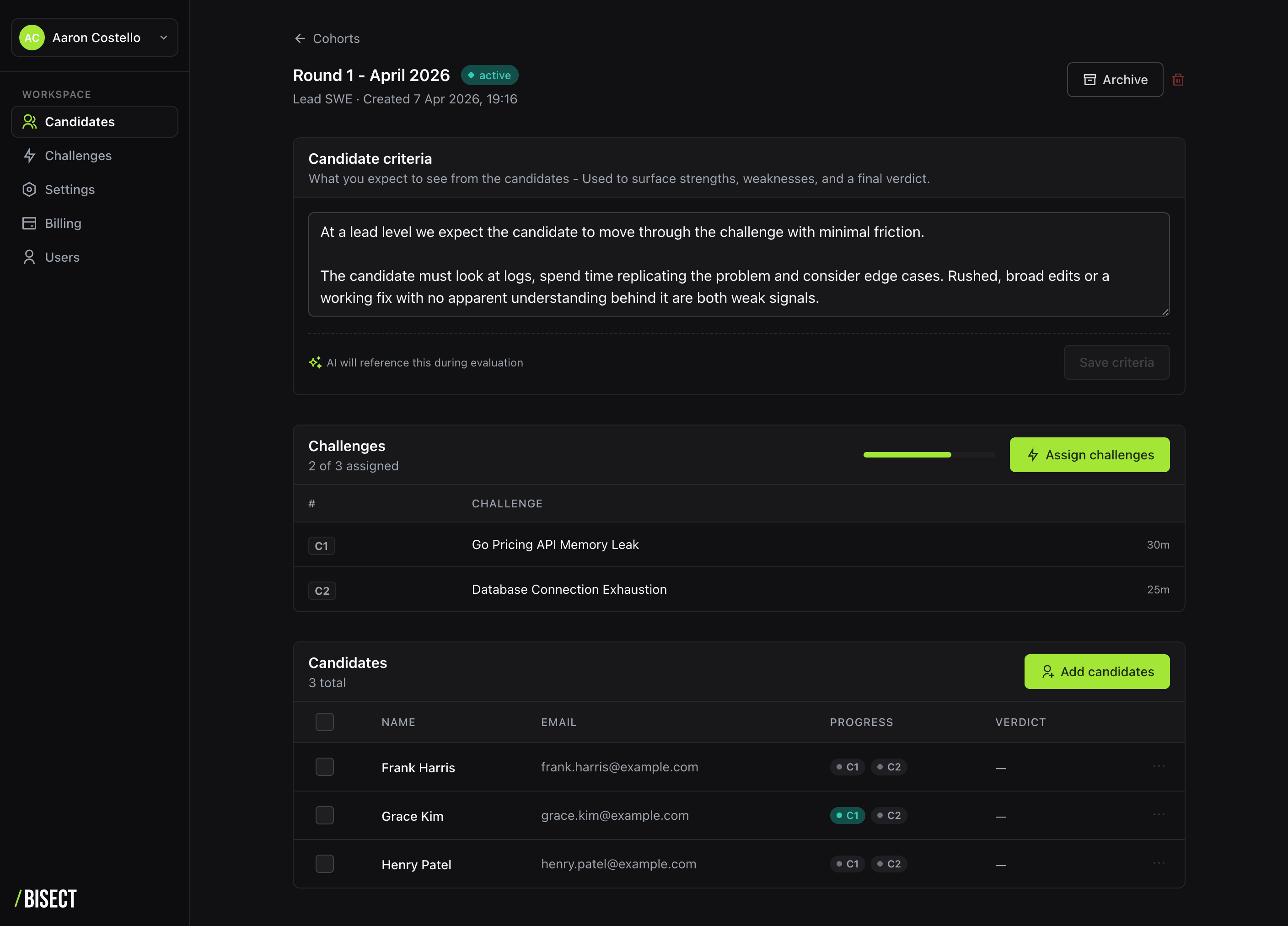 Bisect cohort dashboard